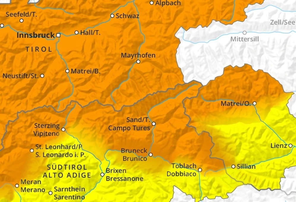 Map of the danger scale in parts of the Euregio
