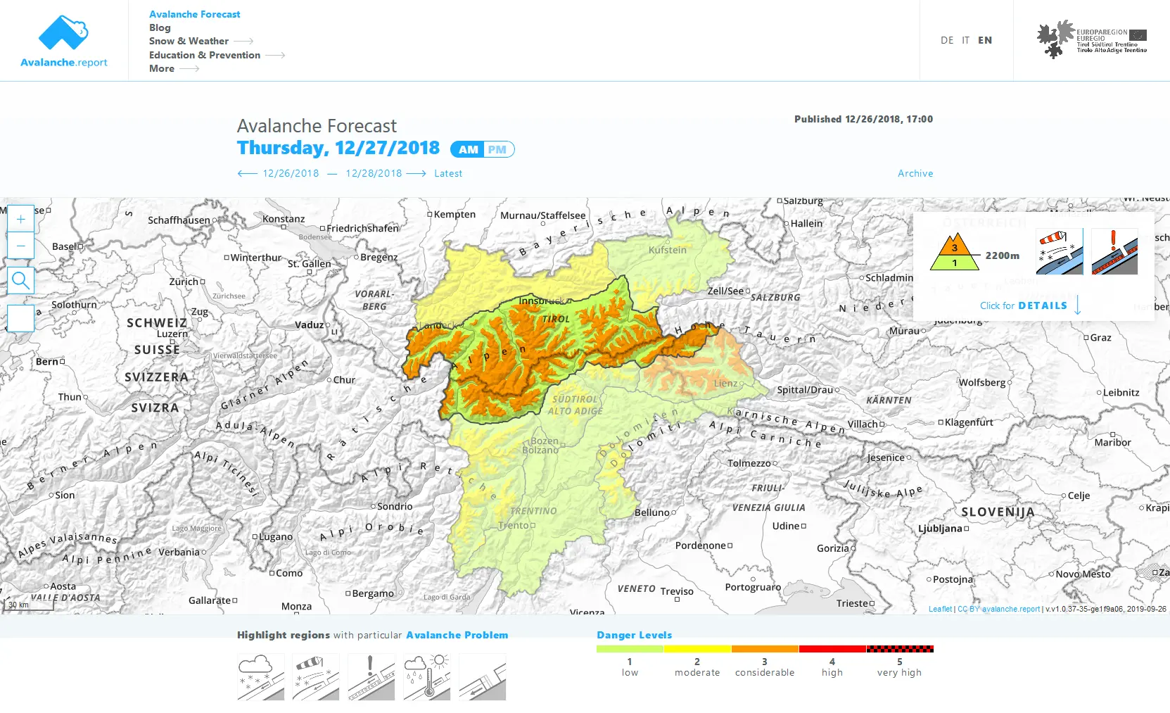 Danger level map for Tirol - South Tyrol - Trentino